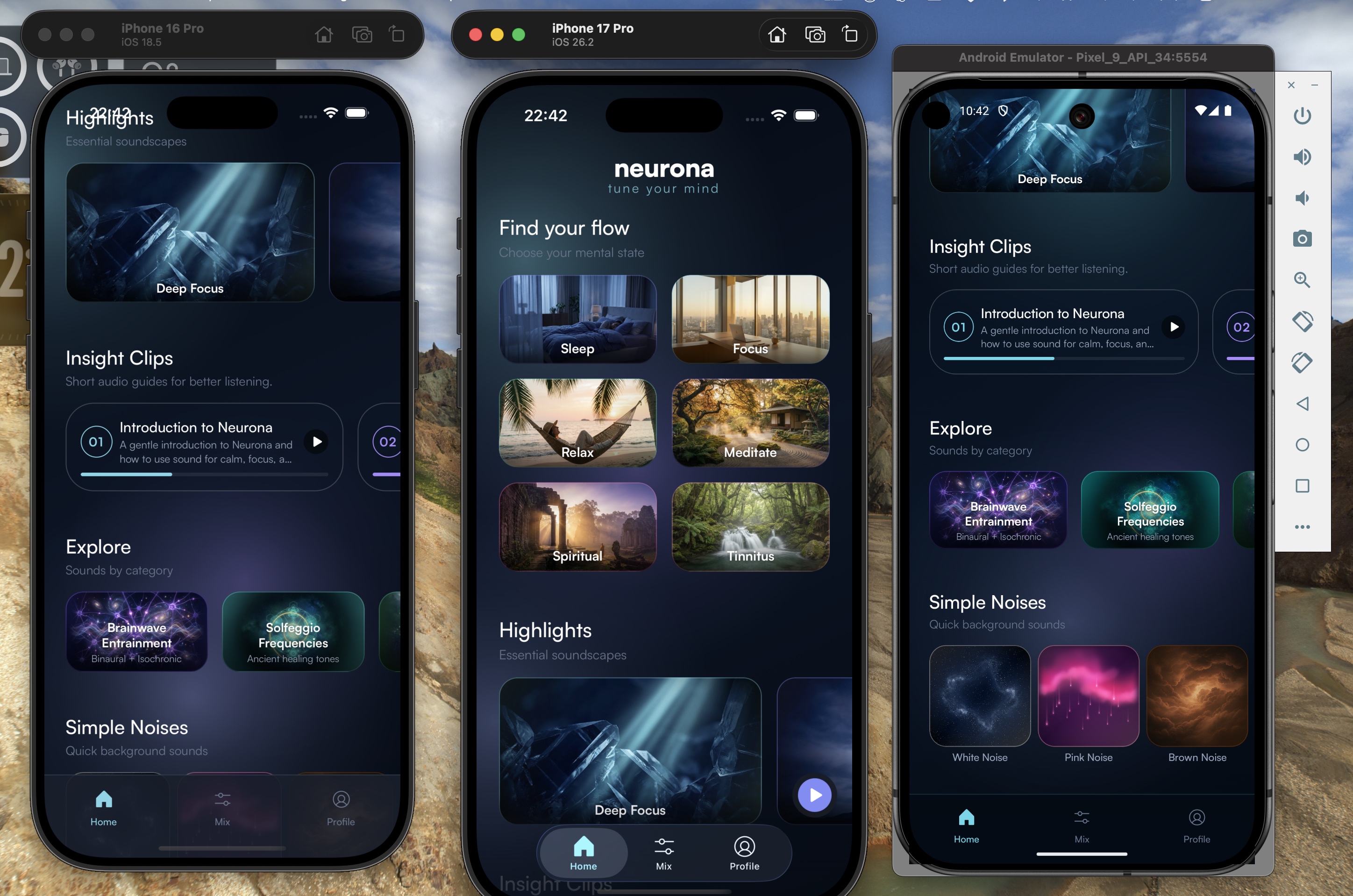 Desktop showing two iOS simulators and one Android emulator