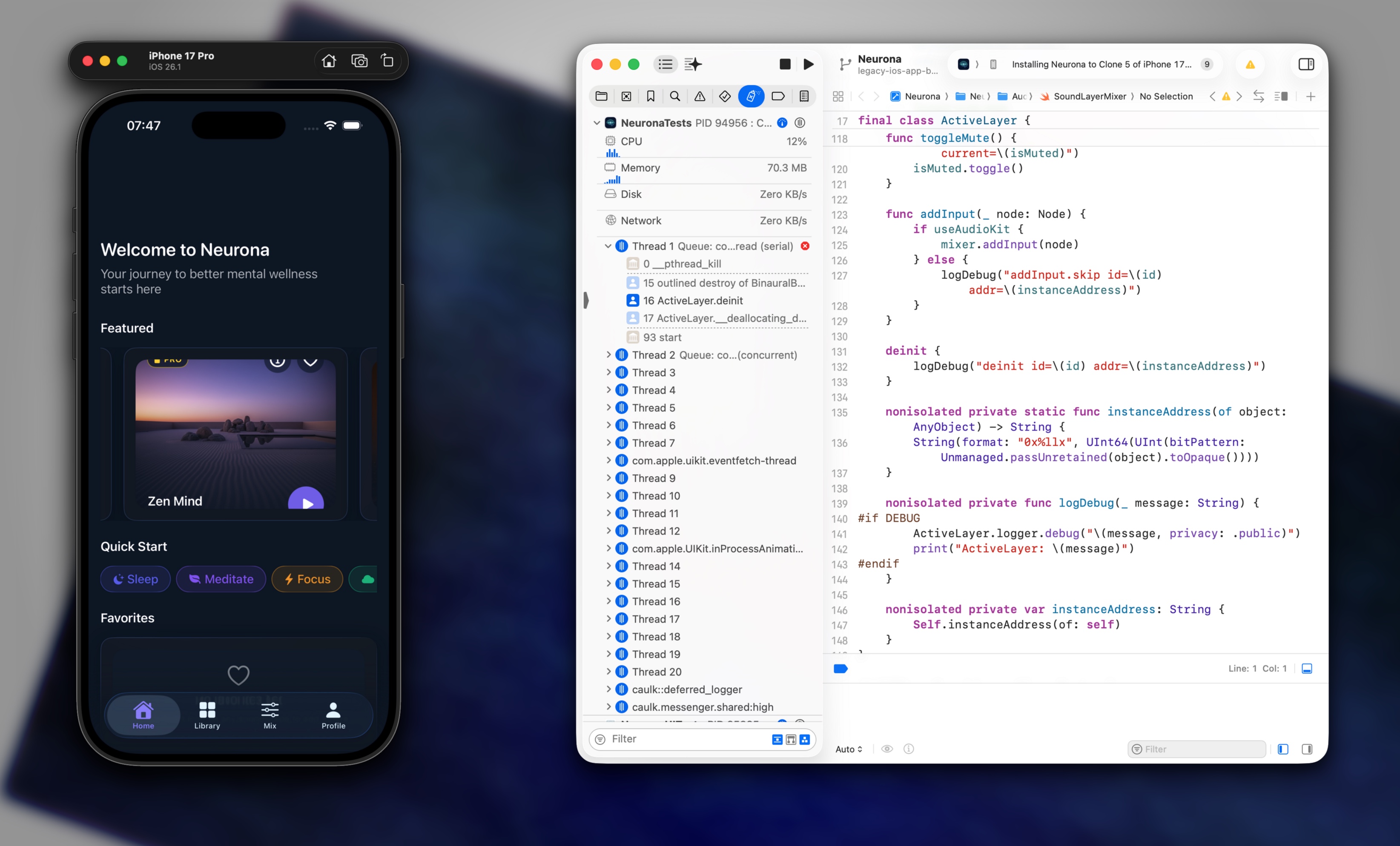 Combined screenshots of the discarded iOS app and related crash screen